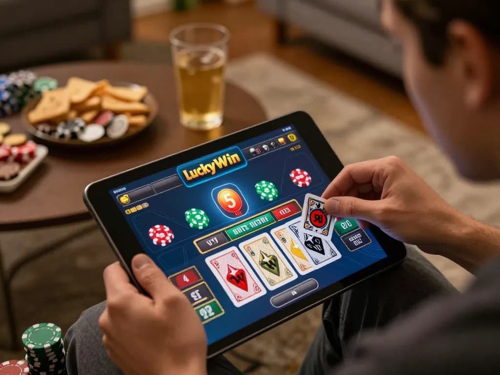 Engaged player strategizing on LuckyWin blackjack via tablet in a cozy living room.