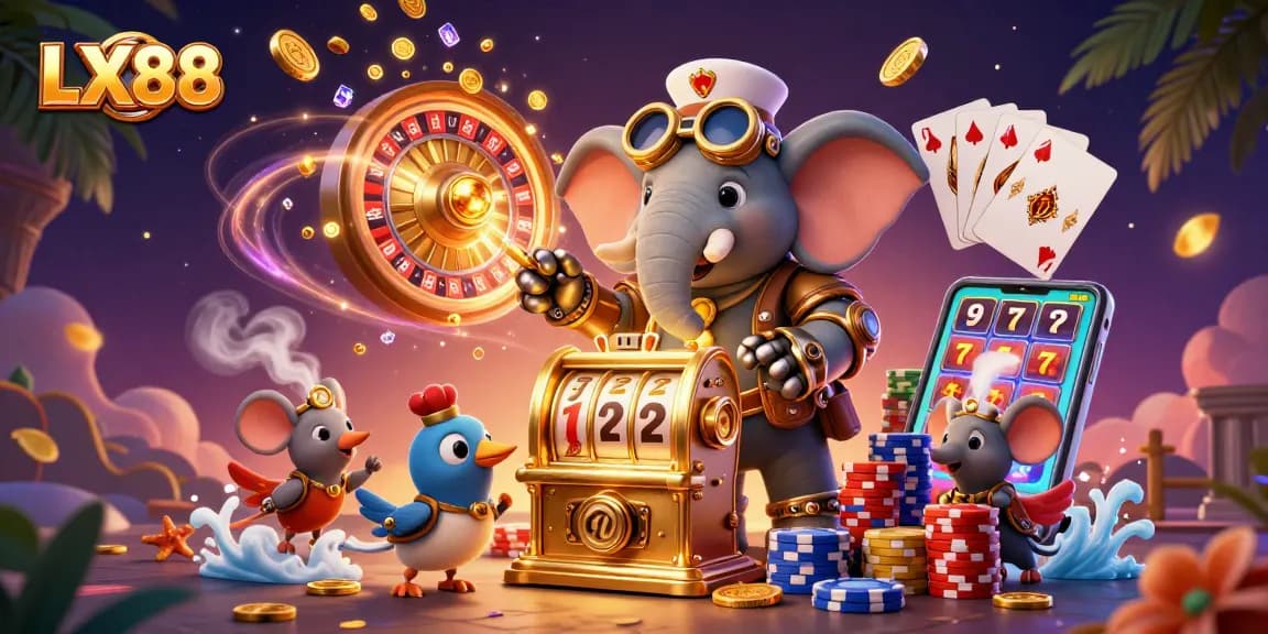 Experience the excitement of LX88 with a steampunk-inspired casino scene featuring golden slots, vibrant poker chips, and lively characters.
