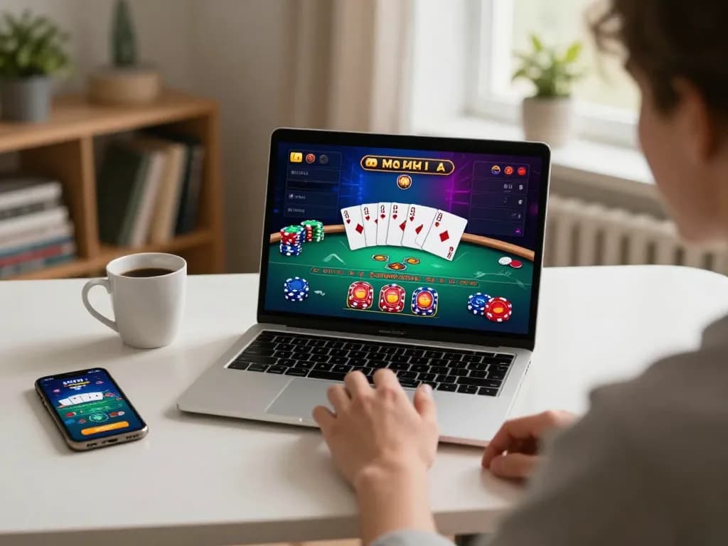 Player at home using online casino app with houseplants and warm ambiance for nhà cái QQ88 gaming.