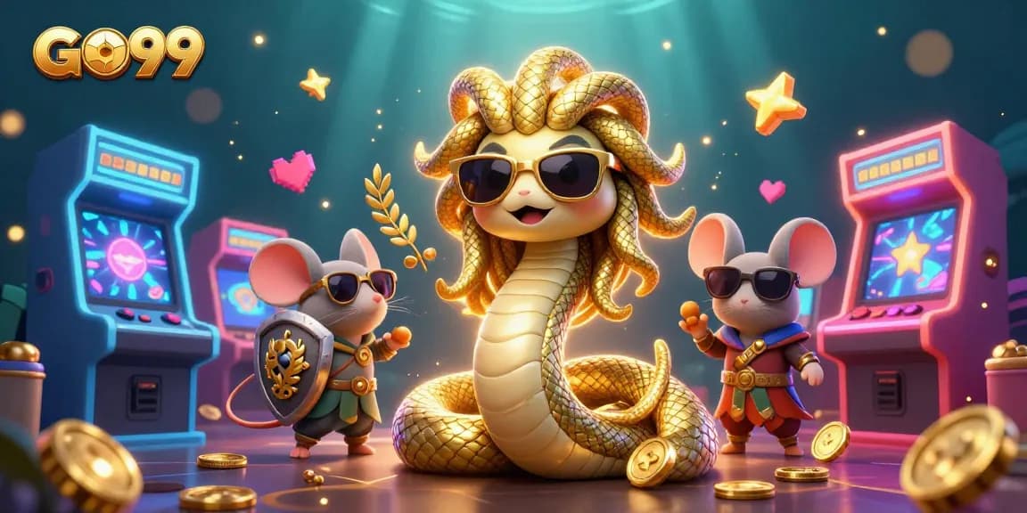 Experience exciting gameplay with GO99's vibrant casino world, featuring Medusa and an armored mouse.