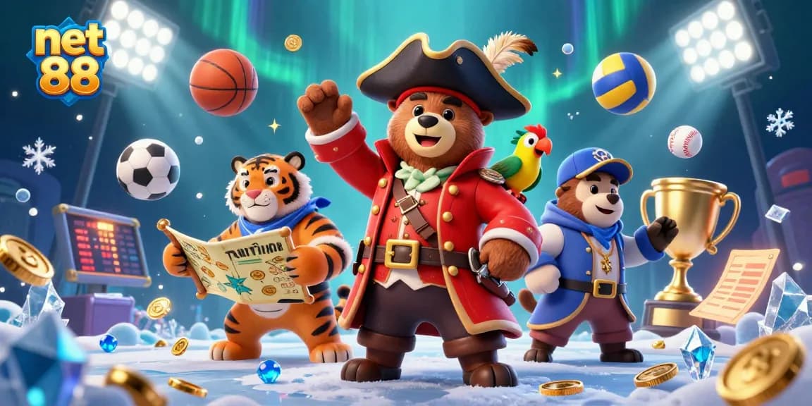 Unleash winning strategies with net 88 in this vibrant 3D casino scene featuring a pirate bear and tiger.