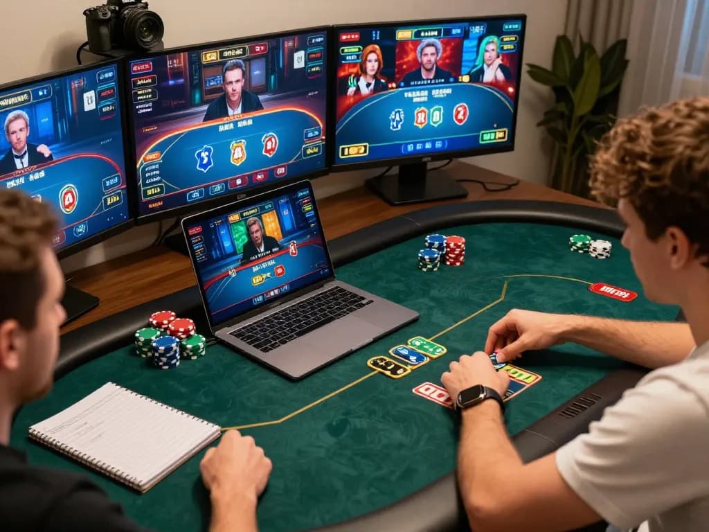 LC88 poker strategy session with engaged players analyzing hands on multiple screens.
