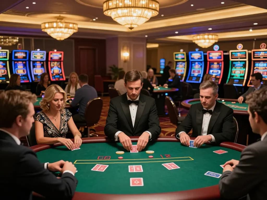 F168 players enjoying strategic poker action on a vibrant casino floor under warm lighting.