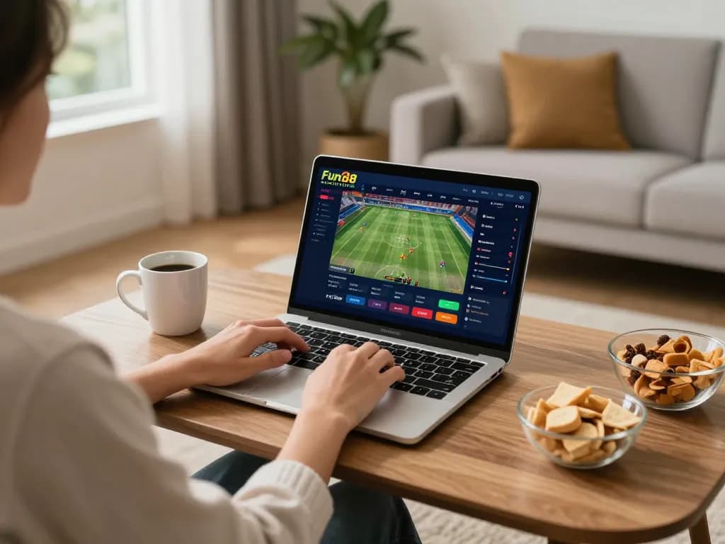 Engaged user placing bets on Fun88 online sports platform with a cozy home setting.