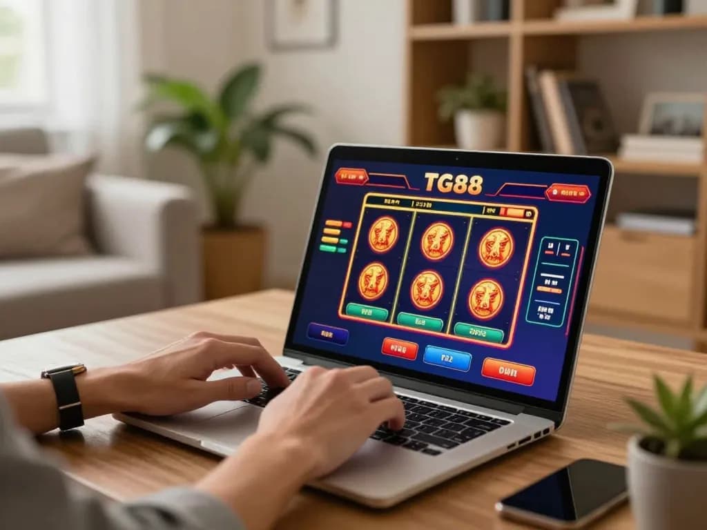 Engaged user betting on TG88 casino app from a cozy home setting, laptop visible with dynamic gameplay.