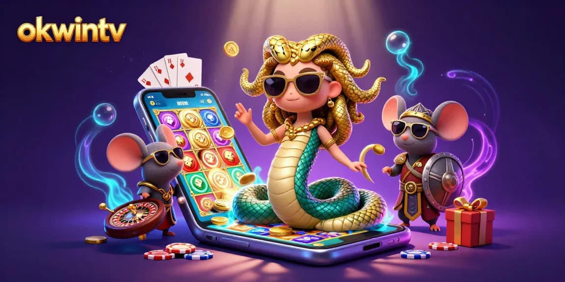 Experience thrills with okwintv's captivating casino scene featuring playful characters and games.