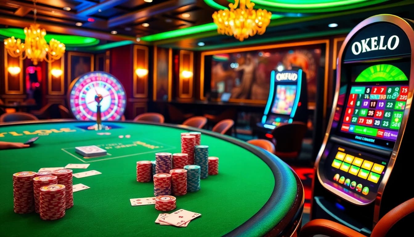 Exciting gambling scene portraying OKFUN with poker tables, roulette wheel, and vibrant slot machines.