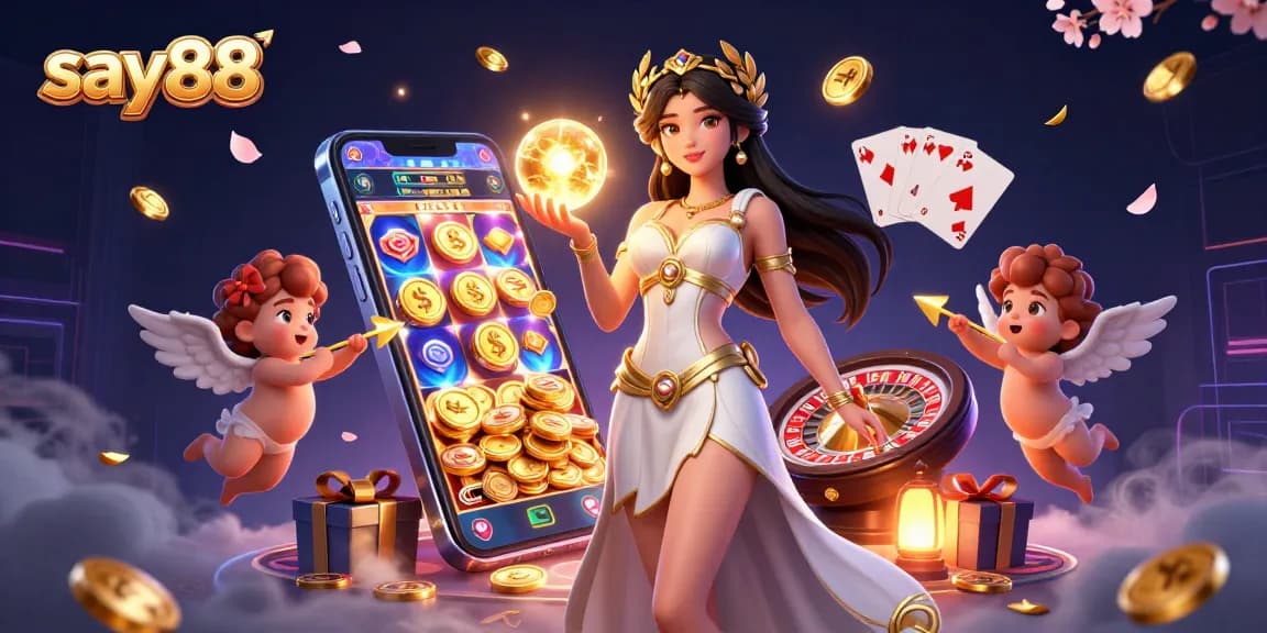Experience say88 through engaging gameplay with vibrant visuals of a goddess and Cupid cherubs.