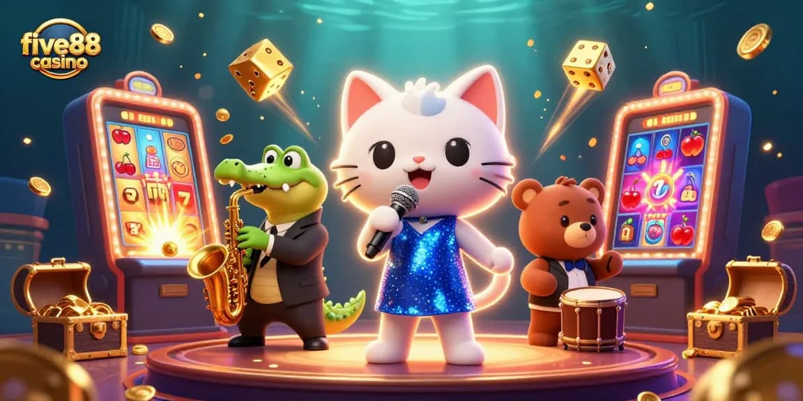 Experience the five88 casino vibe with vibrant characters amidst a jackpot explosion!