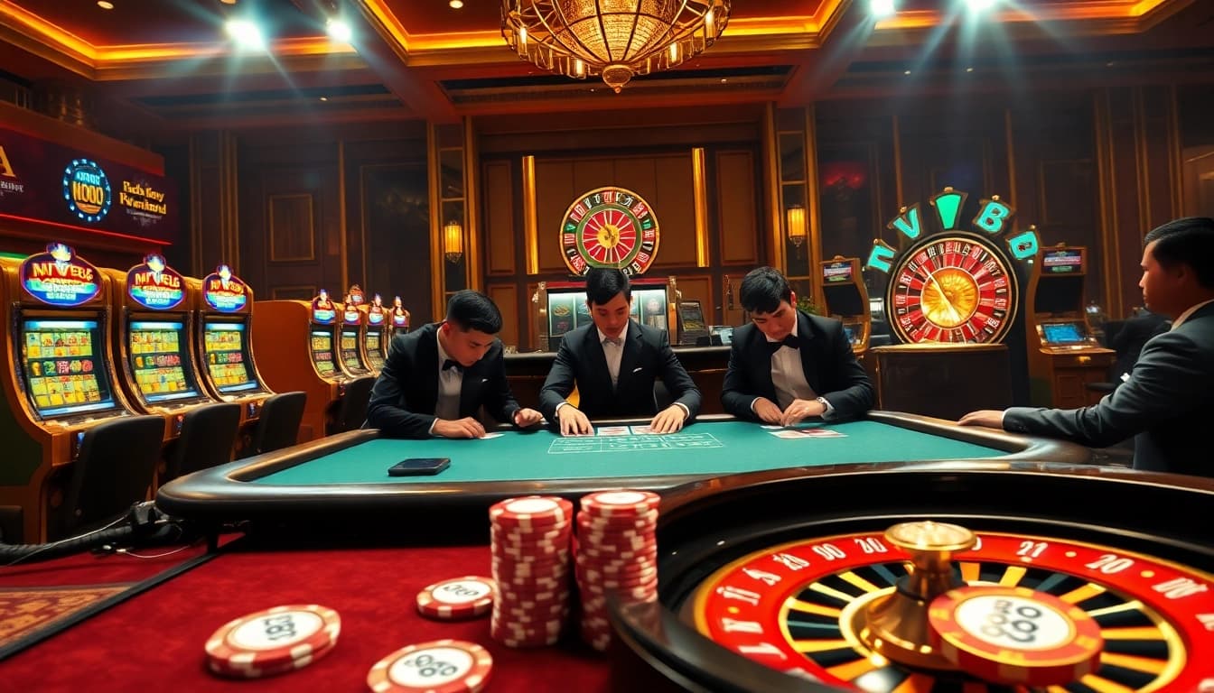 Players strategizing at a high-stakes poker table in a luxurious casino environment, highlighting mv88 gaming experience.