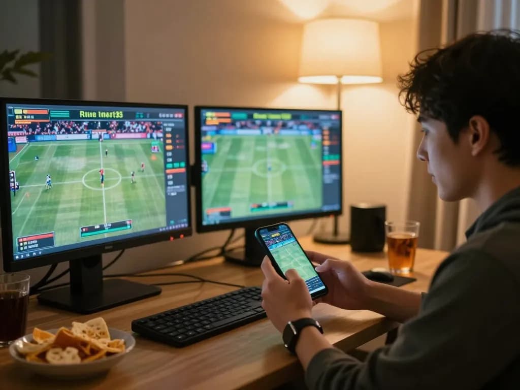 Person placing sports bets on FLY88 with multiple screens showing live events and betting odds.