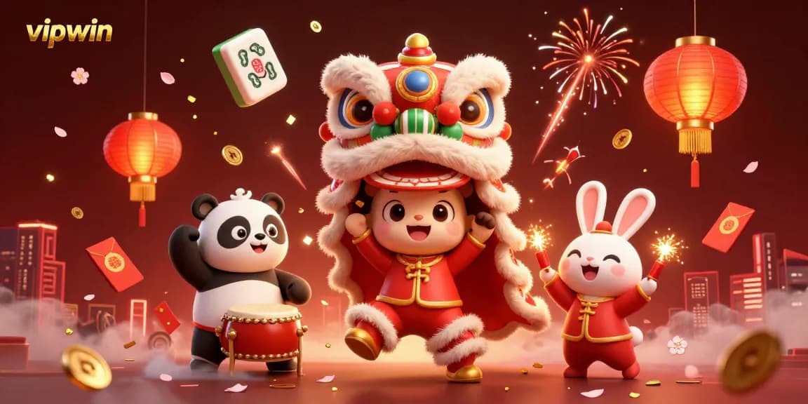 Engage with vipwin's vibrant gambling theme illustrated by a lion dance, drumming panda, and firecracker rabbit.