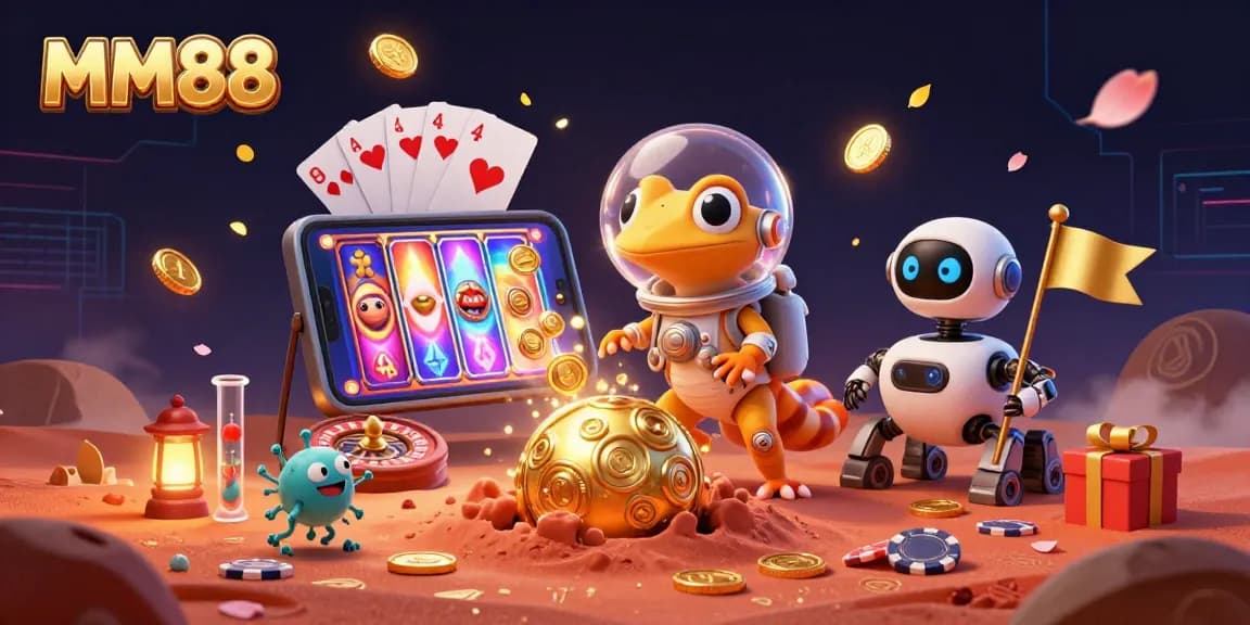 Engage in thrilling gaming at MM88, featuring vibrant scenes of Martian gecko and exciting casino elements.