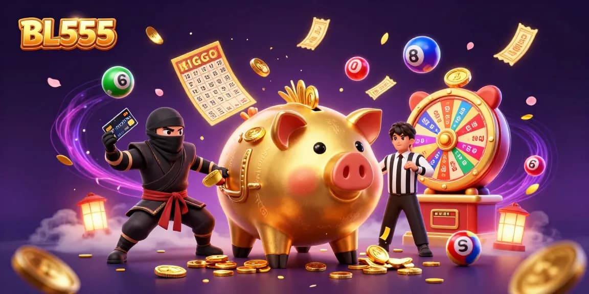 Experience the excitement of winning with BL555's immersive gambling scene featuring a dynamic piggy bank sumo wrestler.
