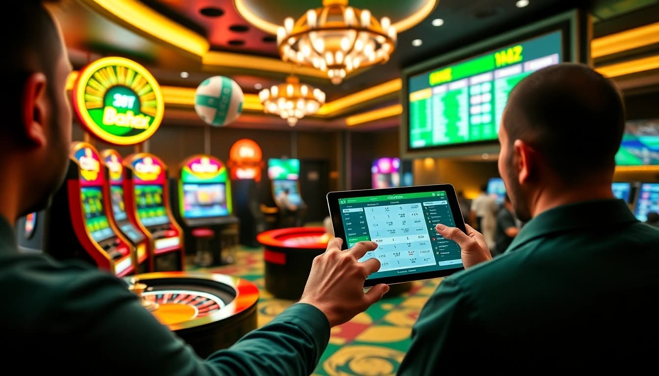 Crickex user engaging with online betting on a tablet in a vibrant casino atmosphere