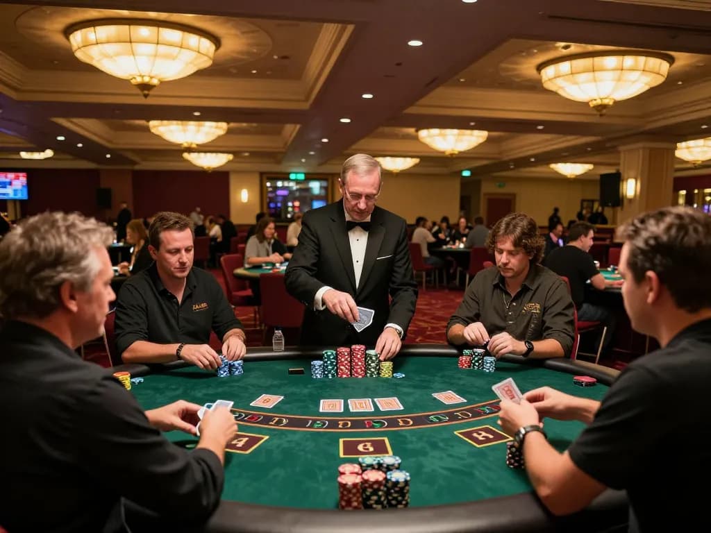 Giocatori ai tavoli di blackjack dei siti scommesse non AAMS che strategizzano le loro prossime mosse mentre godono di un emozionante ambiente da casinò.