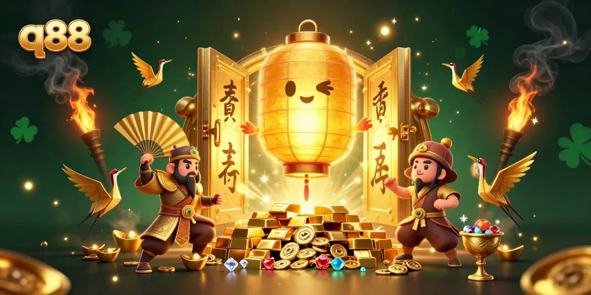Experience excitement at q88 casino with a magical golden lantern and lucky symbols.