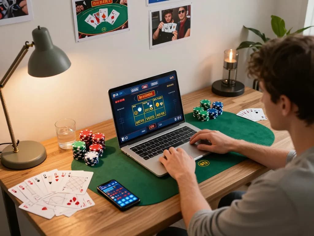 TT88 player engaging in strategic online poker gameplay in a cozy home office setting