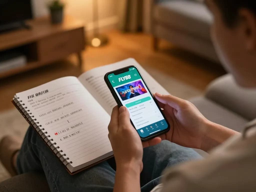 Gambling with the FLY88 app on a smartphone in a cozy setting, showcasing responsible gaming.