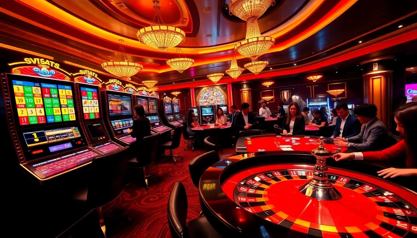 Engaging gambling experience at SV368 Trang chủ featuring vibrant slot machines and poker tables.