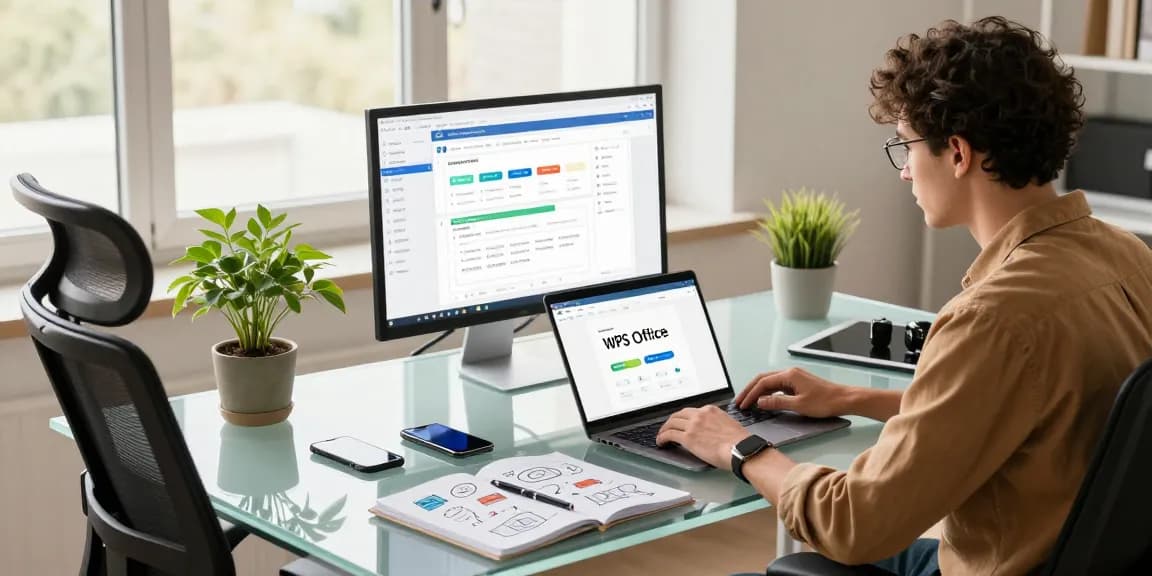 Download WPS Office on a sleek laptop in a dynamic office workspace, showcasing productivity.