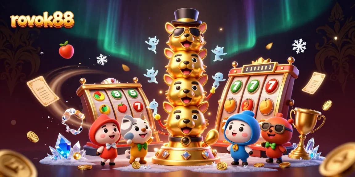 Engage with vibrant rokok88 3D totem pole illustration showcasing dynamic casino elements.