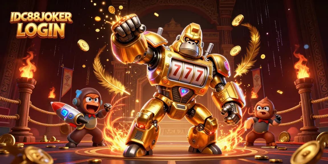 Play with excitement in IDC88JOKER LOGIN, features a dynamic golden gorilla mech and thrilling game elements.