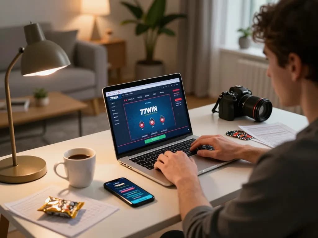 Engaging with the 77WIN online casino interface during a cozy home gaming session