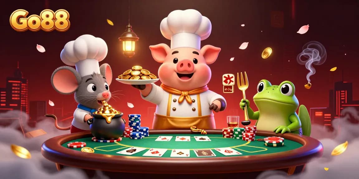 Go88 chef pig presents gold coins in a dynamic gambling scene, enhancing excitement and visual appeal.