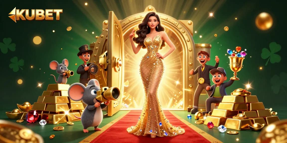 KUBET offers thrilling gaming experiences with a glamorous scene featuring a dazzling woman amidst treasures.