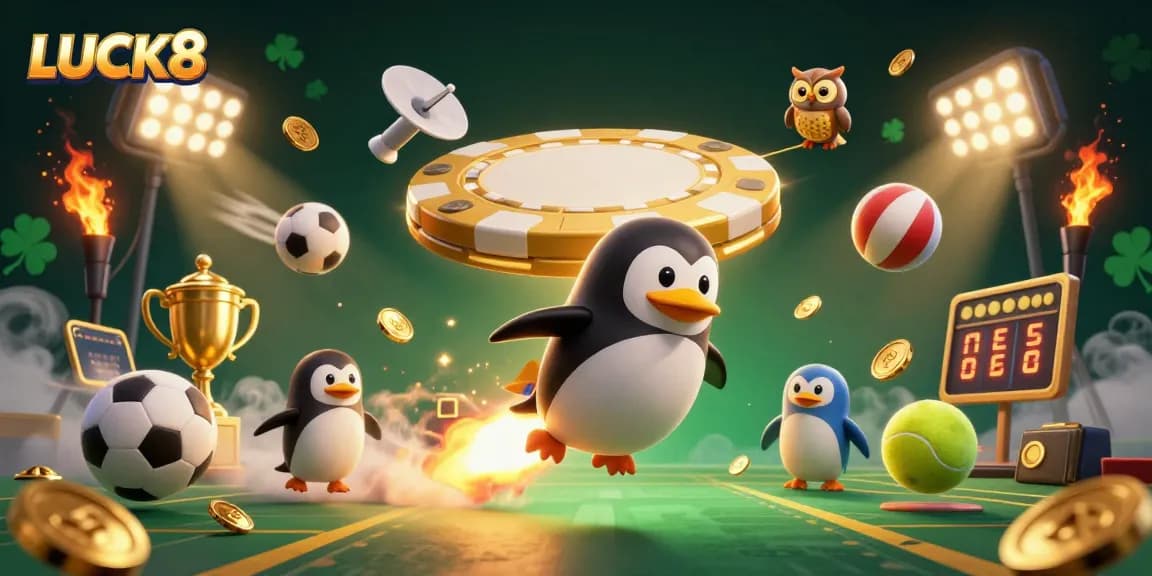 Experience the thrill of LUCK8 with this lively illustration of a rocket-powered penguin blasting towards a casino!