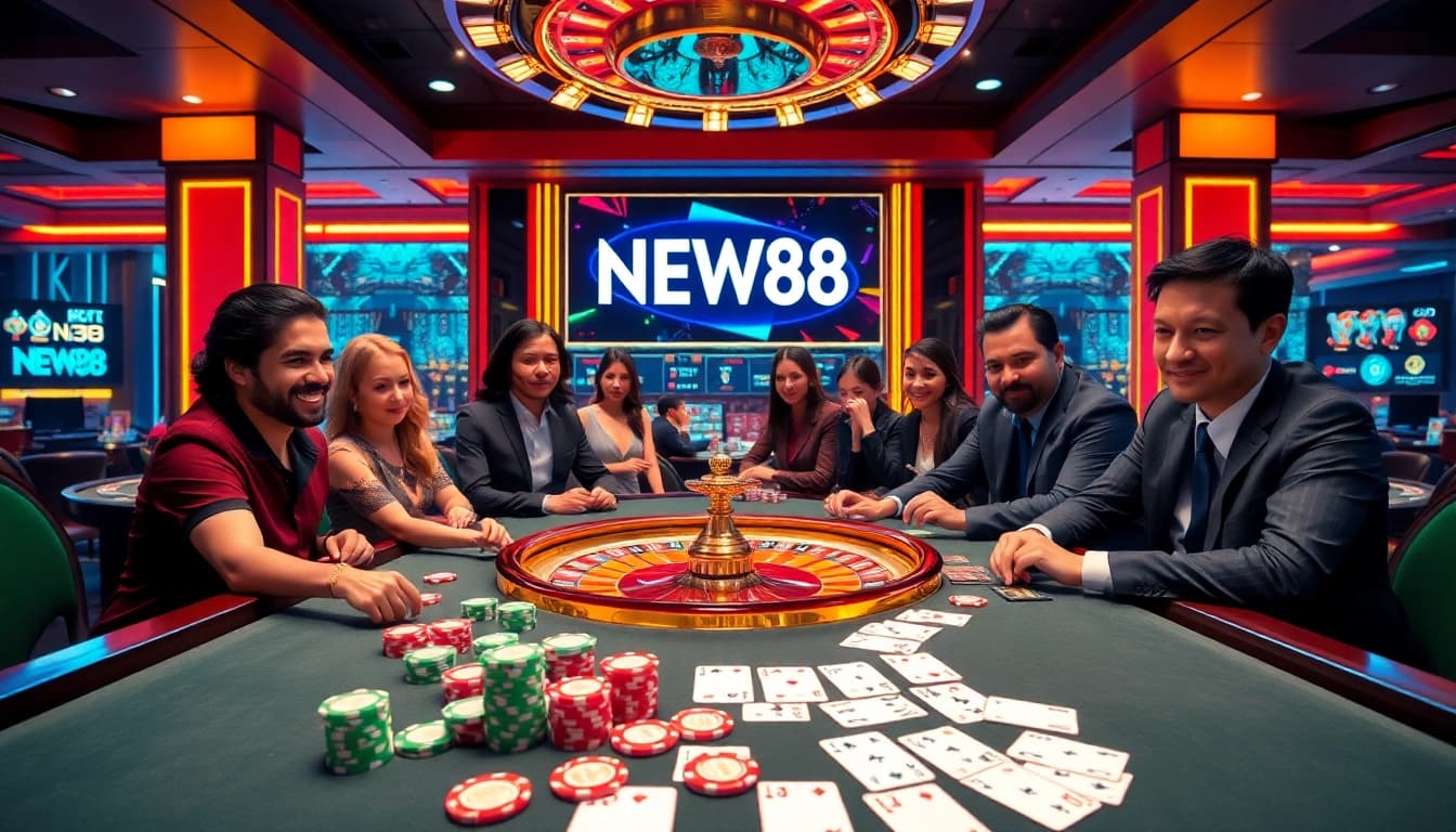 A thrilling casino scene with players engaged at NEW88, showcasing poker strategy and excitement.