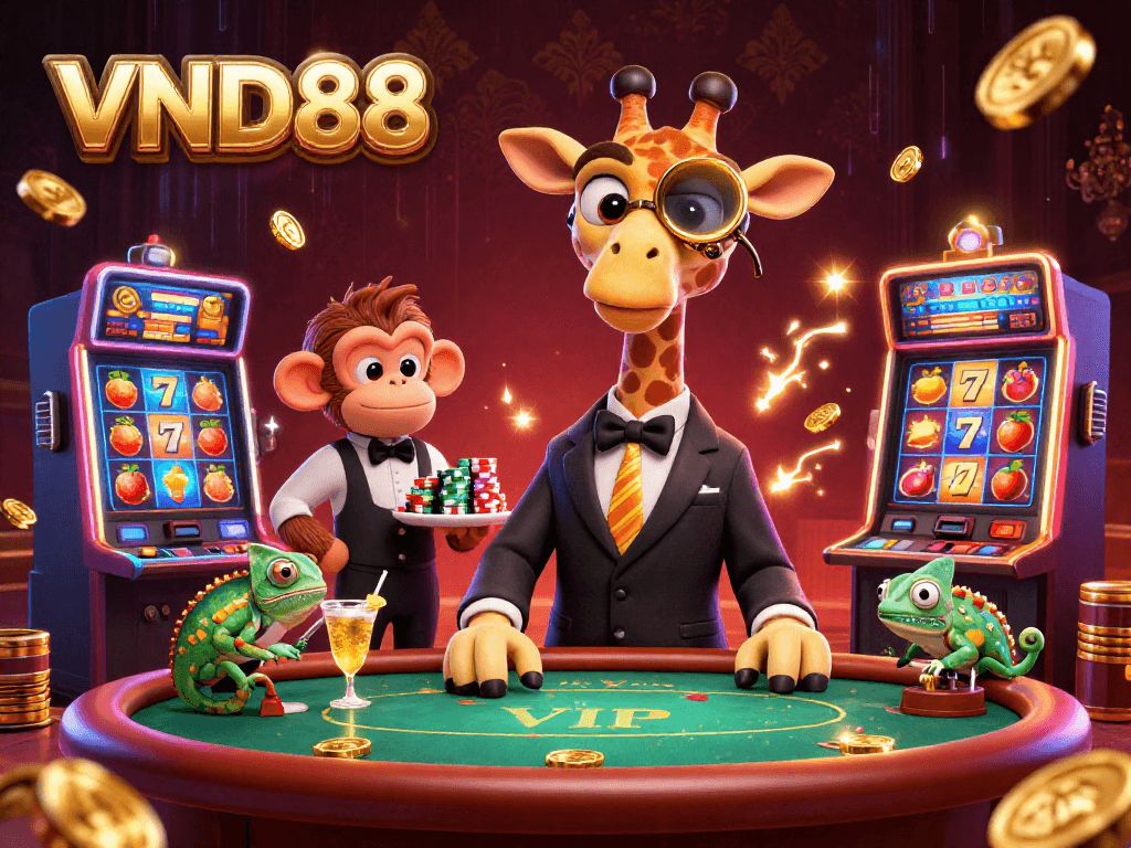 Experience thrilling game action at VND88 with high-roller giraffe and vibrant slot machines.