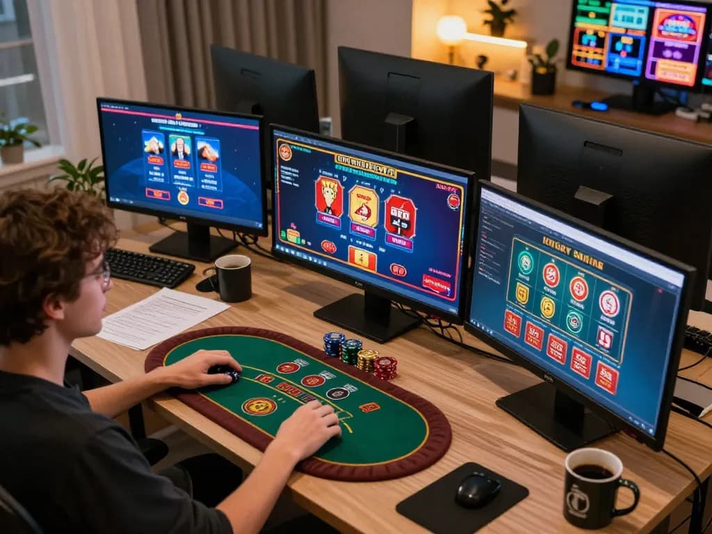 rokok88 player strategizing in a modern home office with online casino screens displaying games