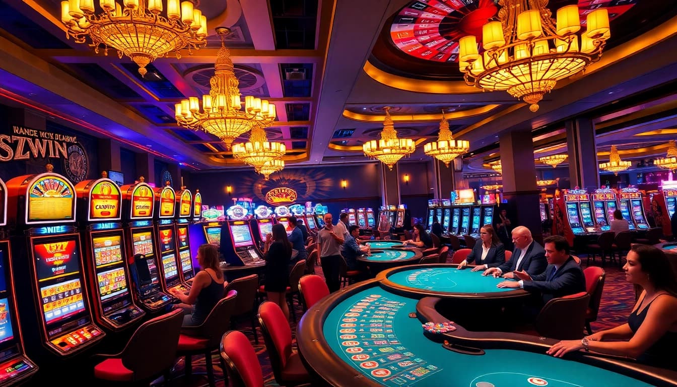 Exciting gaming action at 32WIN casino, showcasing poker tables, slot machines, and vibrant roulette wheels.