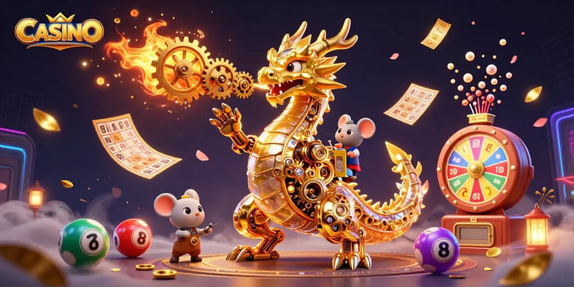 Engage with the thrilling world of CASINO gaming, featuring a dragon amidst vibrant lottery elements.