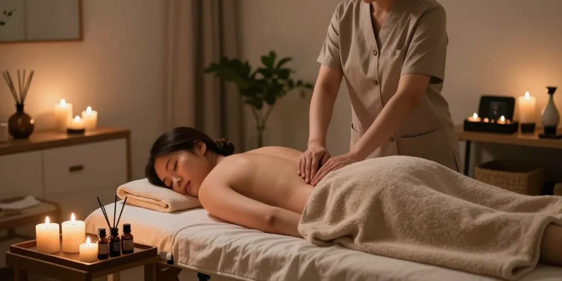 Client receiving 마포출장안마 in a tranquil salon with soothing candles and warm atmosphere.
