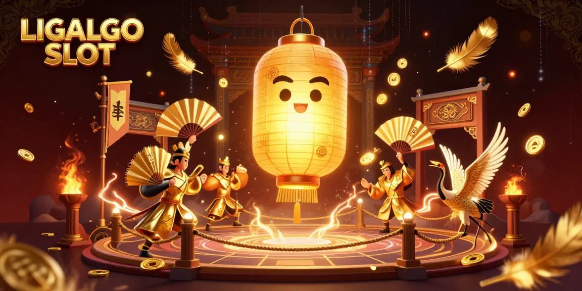 LIGALGO SLOT showcases an energetic atmosphere with golden lantern spirit and warriors amid a vibrant casino scene.