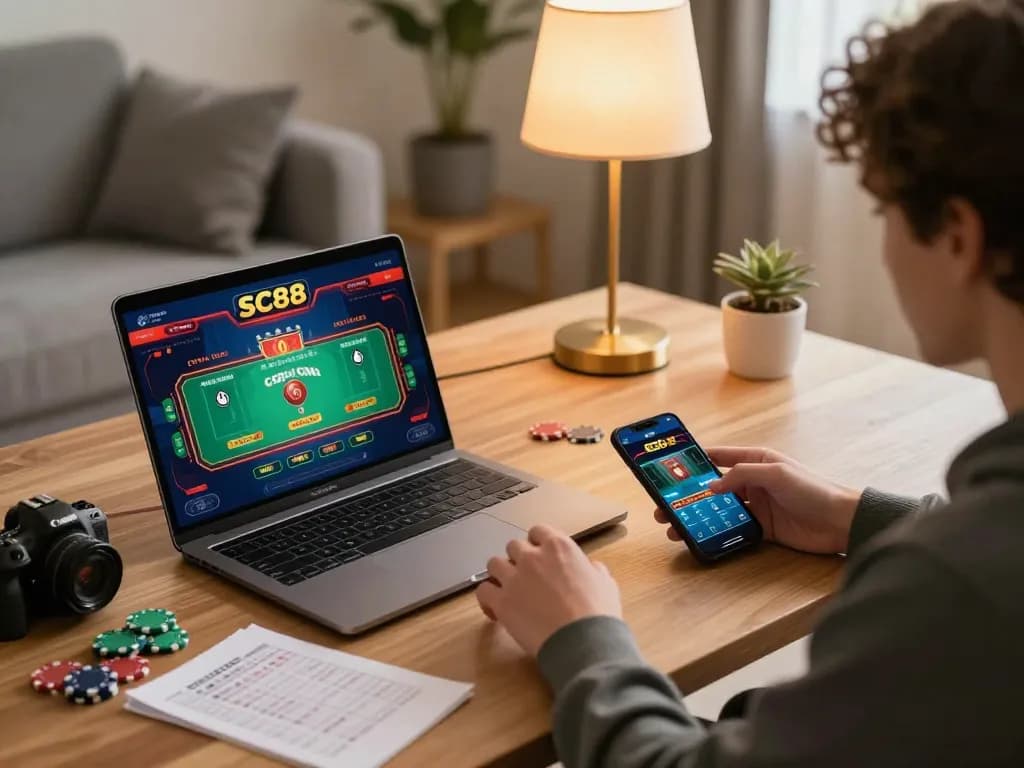 Engaging with the SC88 online casino app while managing bankroll strategies at home.