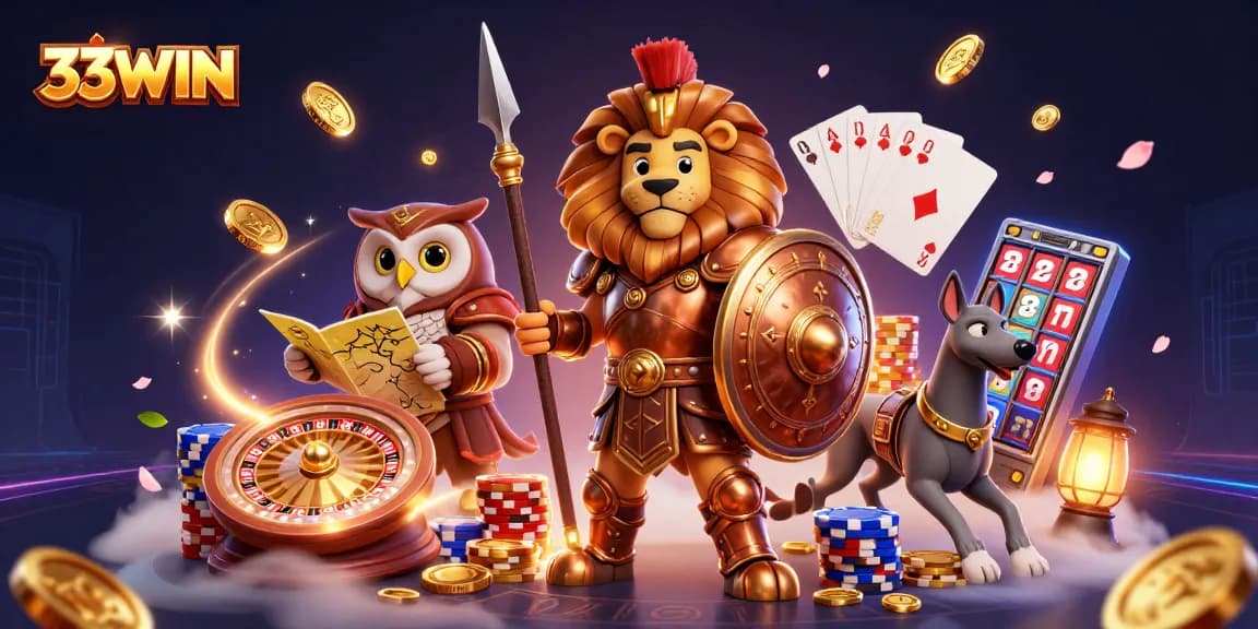 Win big with 33WIN's thrilling slots and vibrant casino atmosphere in a dynamic 3D scene.