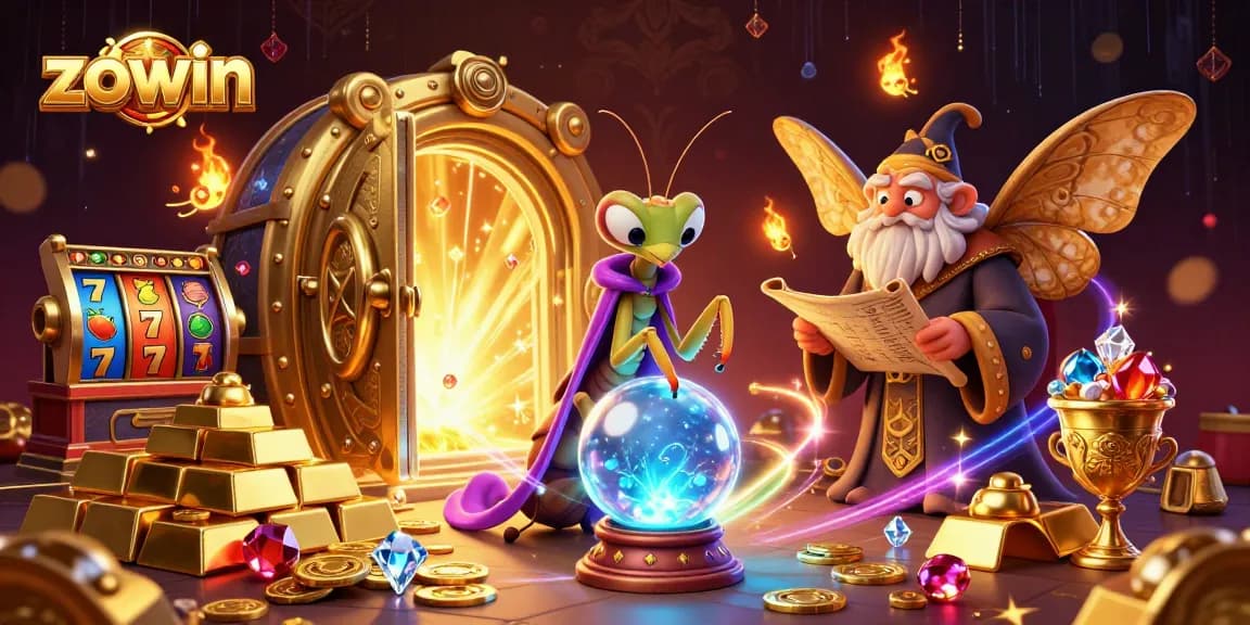 Engage with zowin's magical world featuring fortune tellers and treasures in a vibrant casino scene.