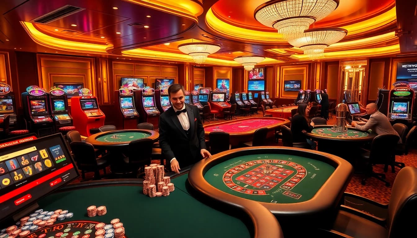 Exciting casino scene at UU88 featuring vibrant slot machines and poker tables.
