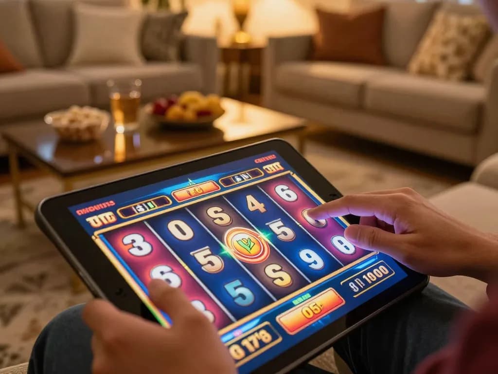 Exciting gameplay on a slot game displayed on a tablet, showcasing vibrant graphics and engaging features.