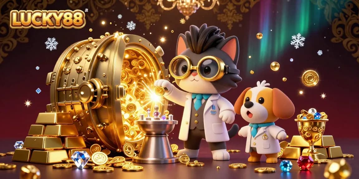Experience LUCKY88 with vibrant 3D illustrations of a casino-themed lab filled with treasures.