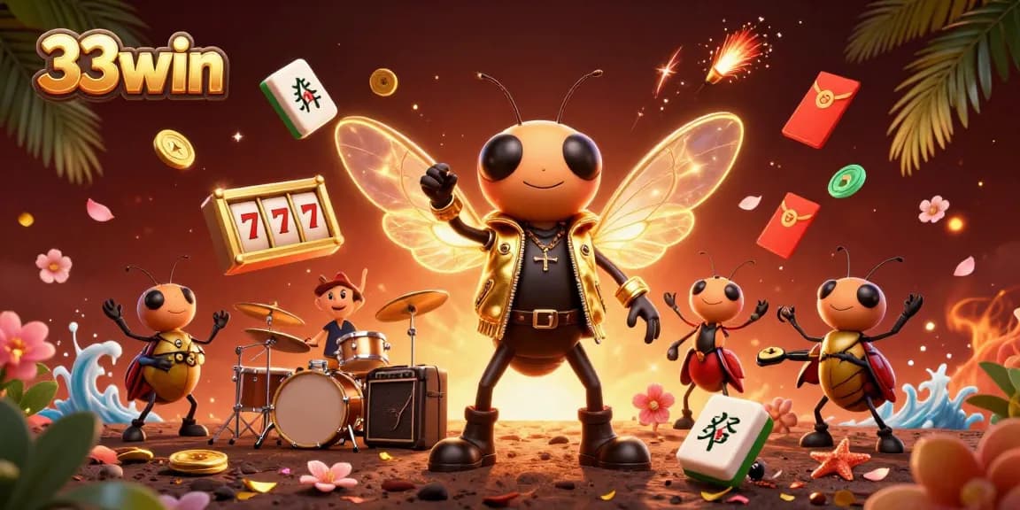 Experience thrilling casino action with 33win's rock star scene featuring gaming elements like slot reels!