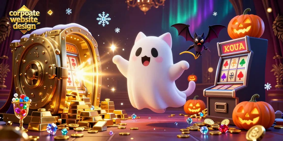Engaging corporate website design illustration depicting a friendly ghost cat in a casino with poker-themed elements.