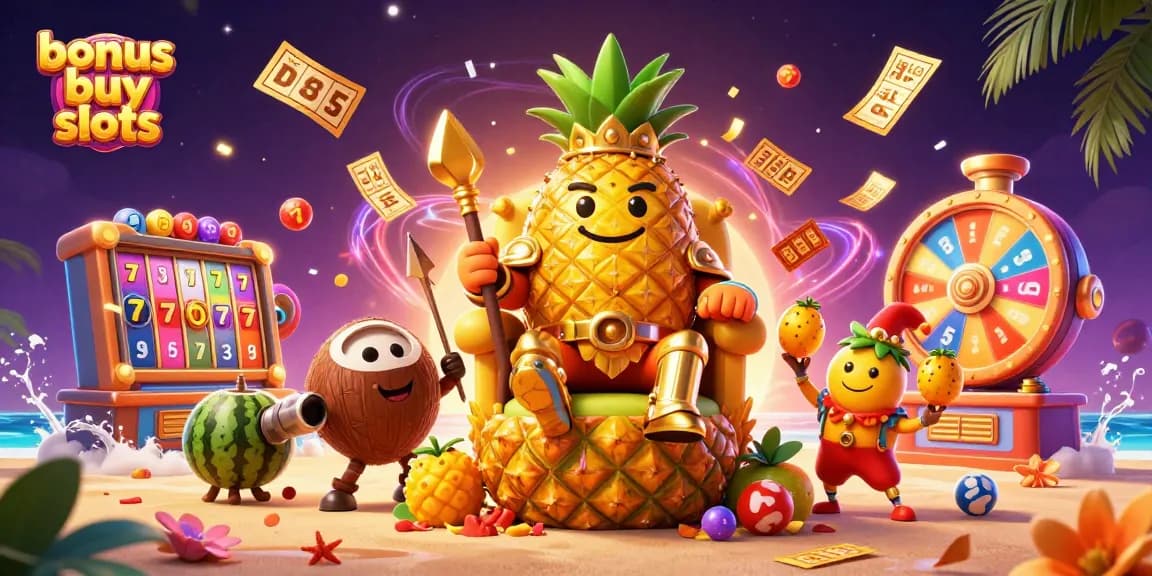 Engage with bonus buy slots in a vibrant, action-packed casino scene featuring dynamic characters and game elements.