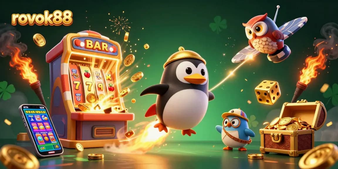 Experience the thrilling adventures of rokok88 with a rocket-powered penguin and dynamic casino elements.