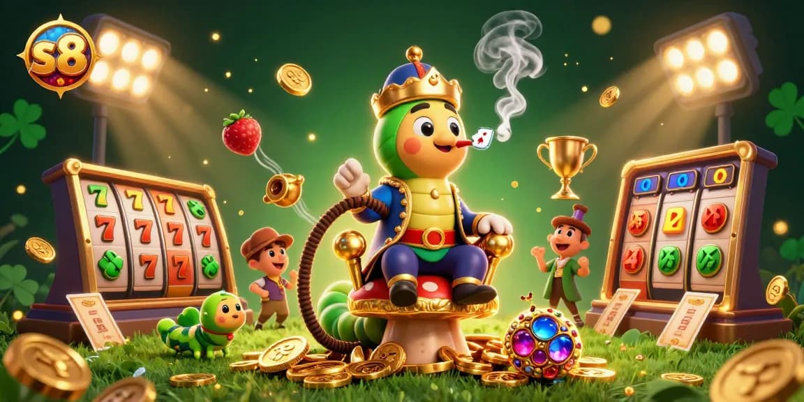 S8 offers vibrant slot games illustrated with an imaginative caterpillar character amid rich casino-themed elements.