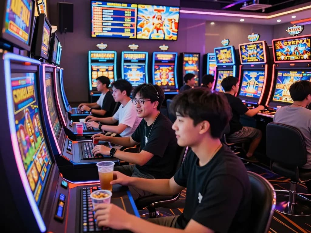 Players enjoying slot hoki games in a vibrant online casino environment with colorful gaming machines and LED lights